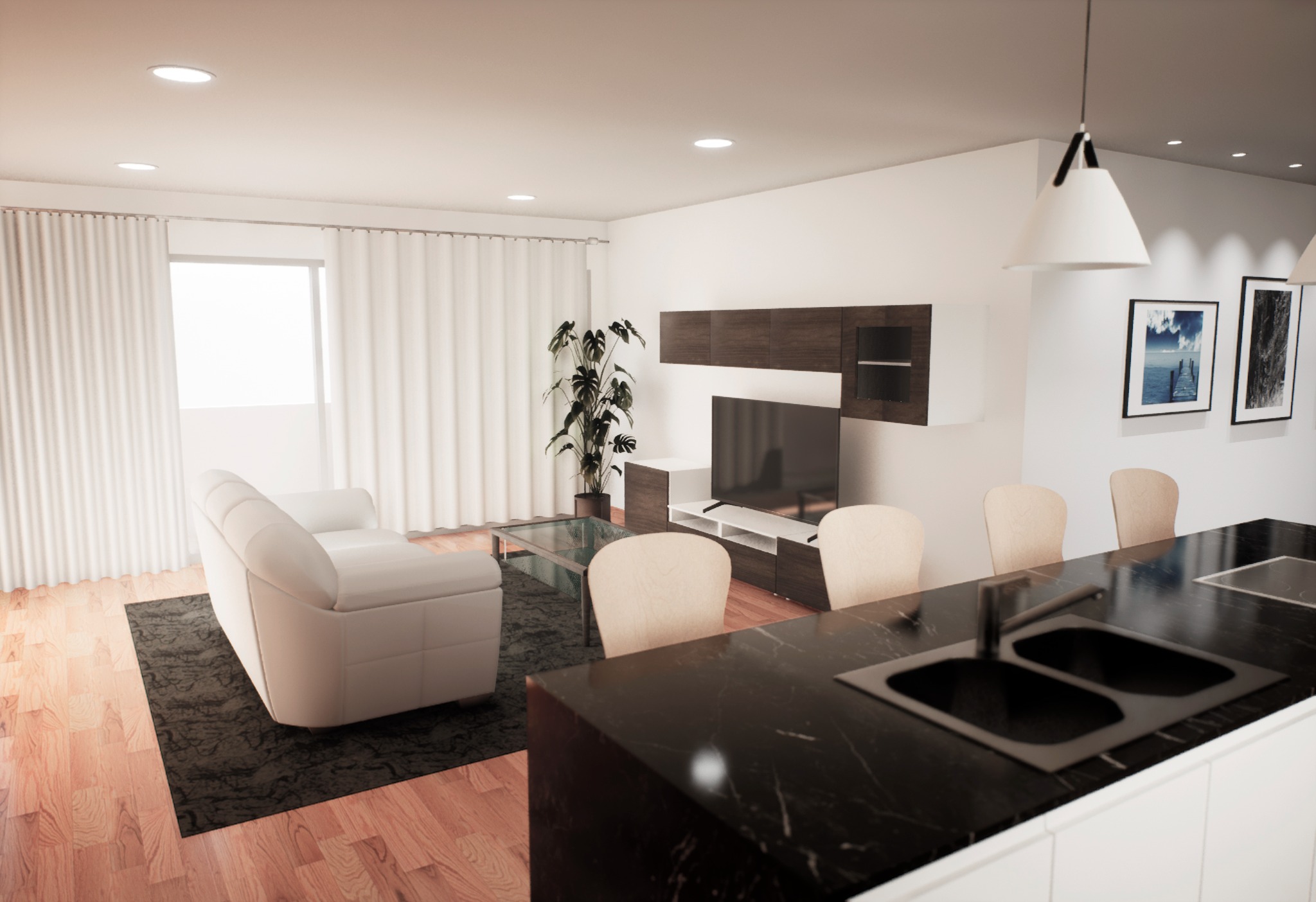 Visualización general desde la cocina hacia el salón de la vivienda