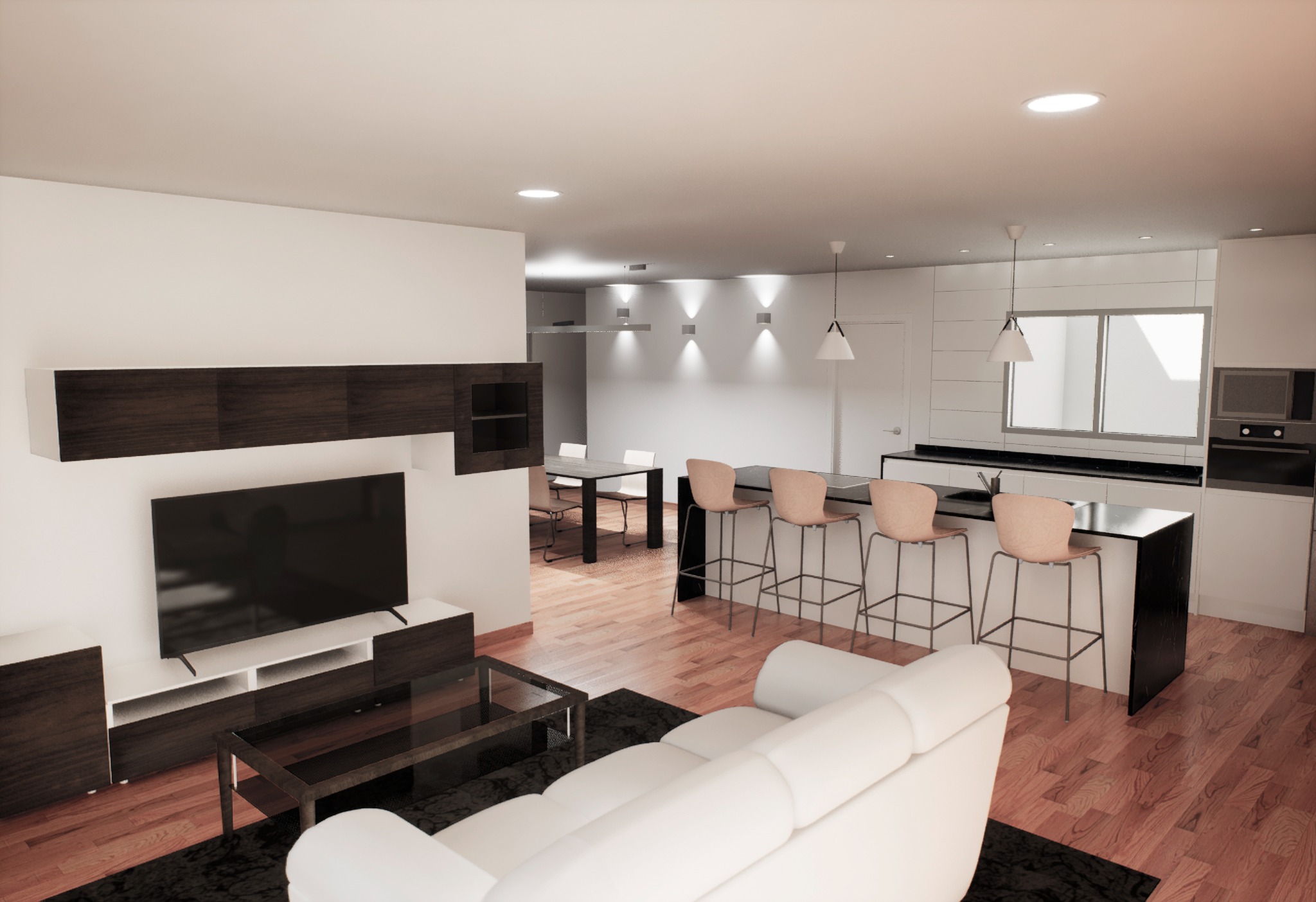 Visualización del salón y cocina de una reforma de vivienda en Elche