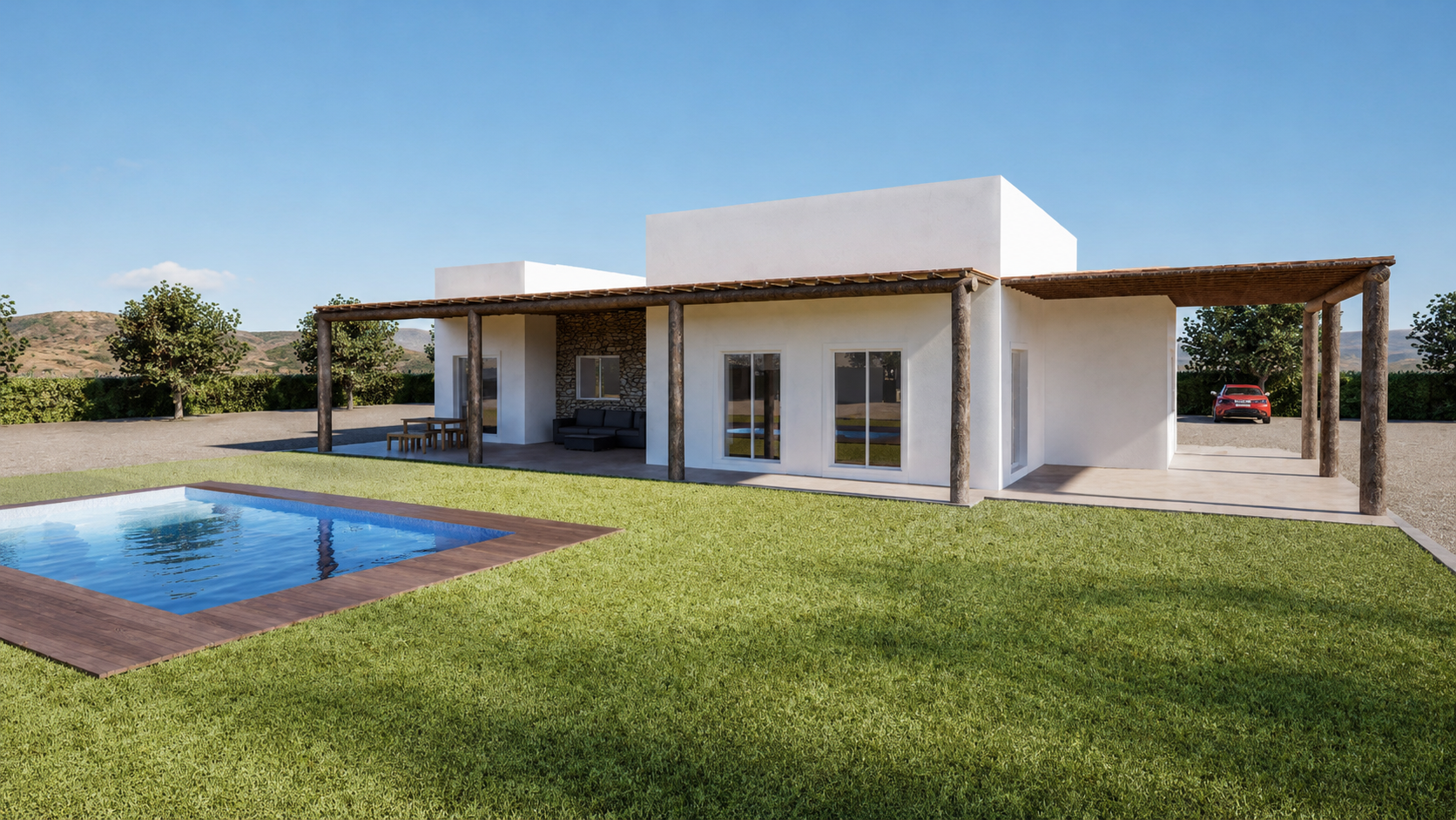 Vista general de la vivienda unifamiliar y la piscina