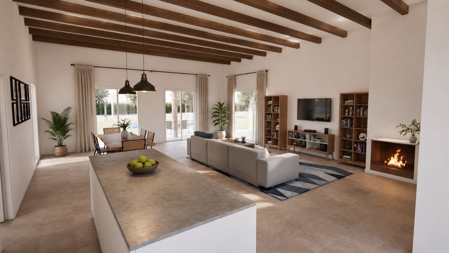Visualización interior de la zona de cocina, comedor y salón de la vivienda