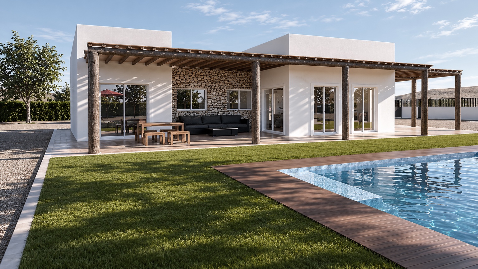 Visualización exterior de una vivienda unifamiliar con porche y piscina